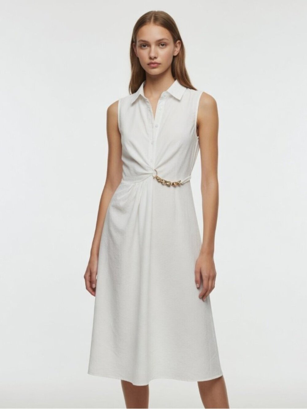 SHEIN White Twist Front Chain Detail Sleeveless Shirt Midi Dress M 0876